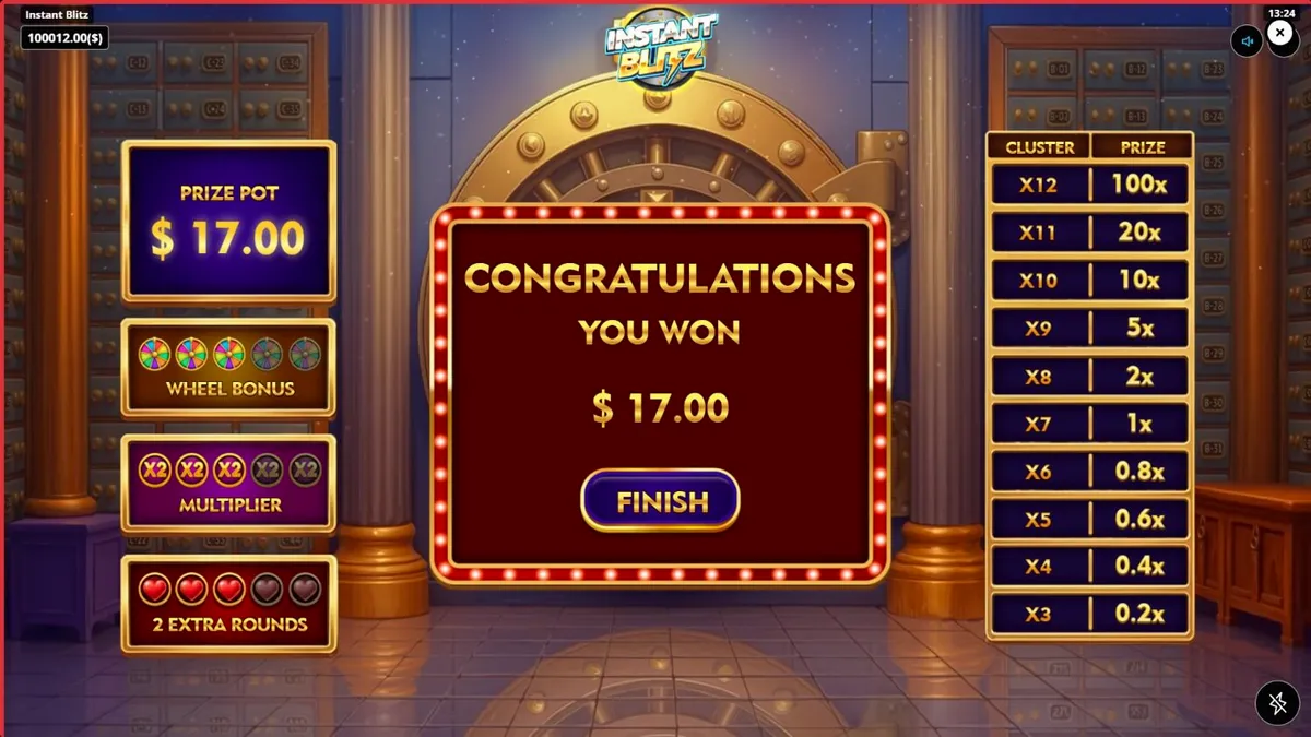 Interface do slot Instant Blitz com tema de cofre futurista e luzes neon.
