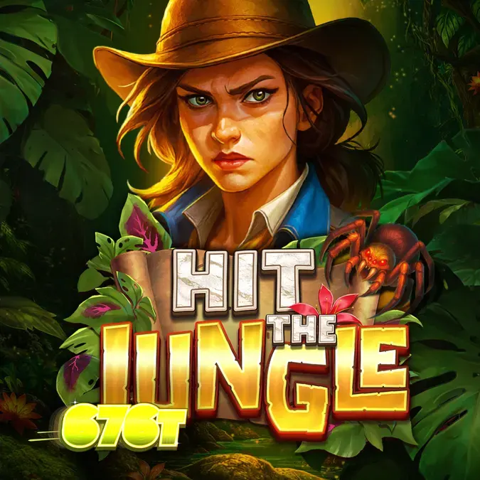 Captura de tela do jogo Hit the Jungle, mostrando a grade de 6x4 com símbolos de selva e o logotipo do jogo.